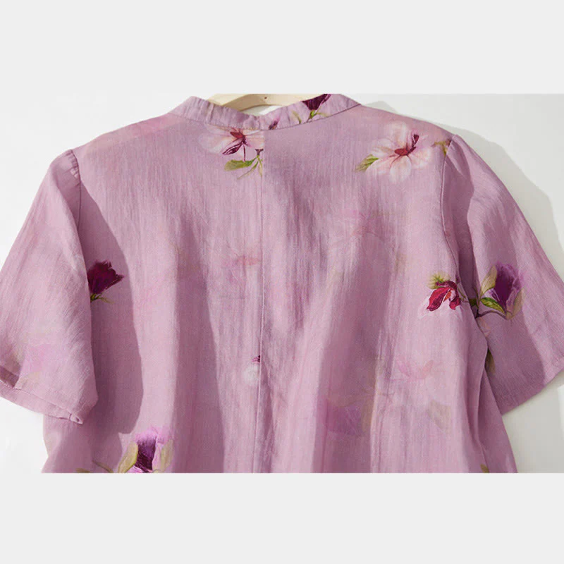 Buddha Stones Abito midi a maniche corte con colletto rialzato e tasche, motivo floreale Summer Orchid - Image 9