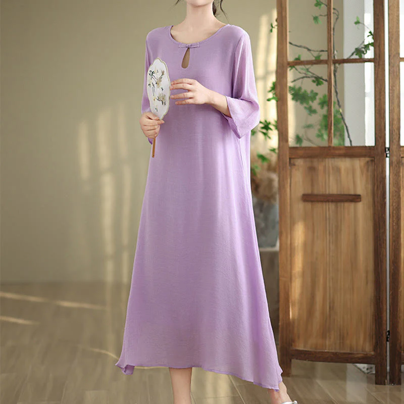 Buddha Stones Abito midi casual in cotone con scollo rotondo, maniche a tre quarti e bottoni a rana