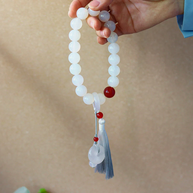 Buddha Stones Agata bianca Agata rossa Mala da polso con nappe Mala tascabile Decorazione per auto
