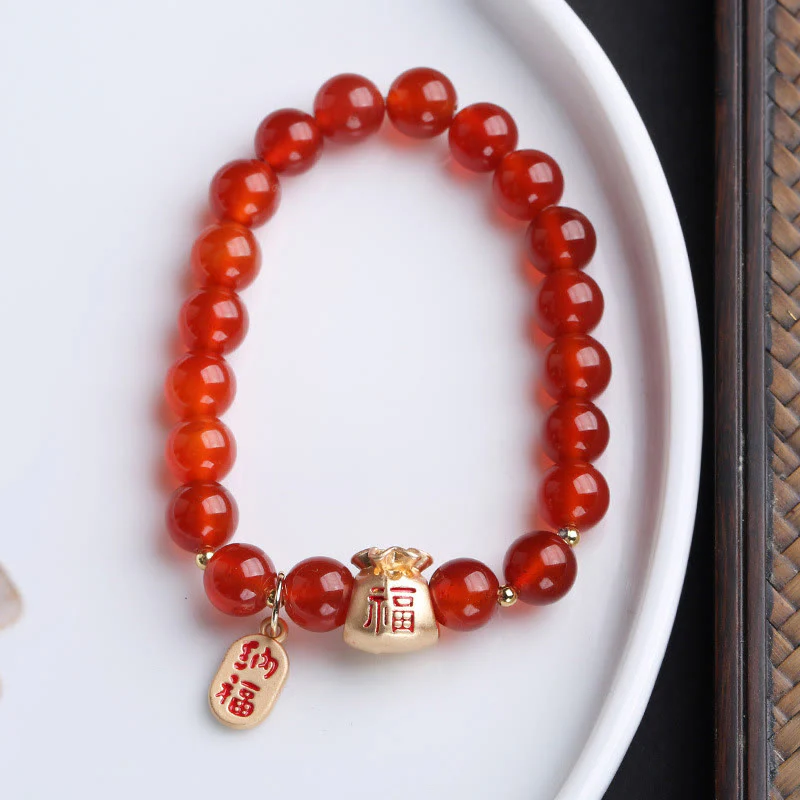 Buddha Stones Agata bianca naturale Agata rossa Sacchetto di soldi Fu Carattere Braccialetto di protezione a quattro foglie di trifoglio - Image 13