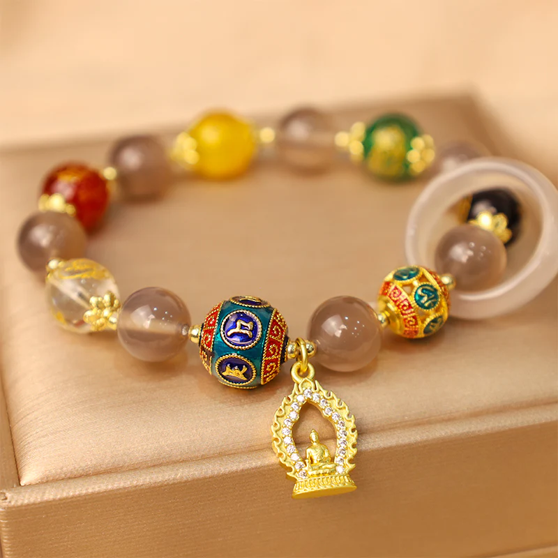 Buddha Stones Agata grigia naturale Cinque direzioni Dei della ricchezza Om Mani Padme Hum Bracciale con ciondolo Buddha