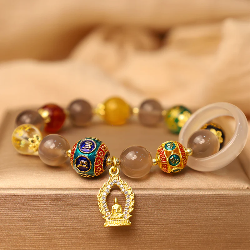 Buddha Stones Agata grigia naturale Cinque direzioni Dei della ricchezza Om Mani Padme Hum Bracciale con ciondolo Buddha - Image 2