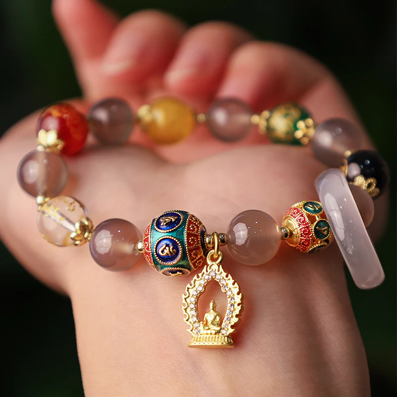 Buddha Stones Agata grigia naturale Cinque direzioni Dei della ricchezza Om Mani Padme Hum Bracciale con ciondolo Buddha - Image 4