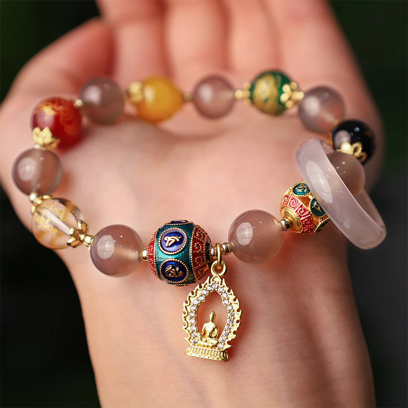 Buddha Stones Agata grigia naturale Cinque direzioni Dei della ricchezza Om Mani Padme Hum Bracciale con ciondolo Buddha - Image 5