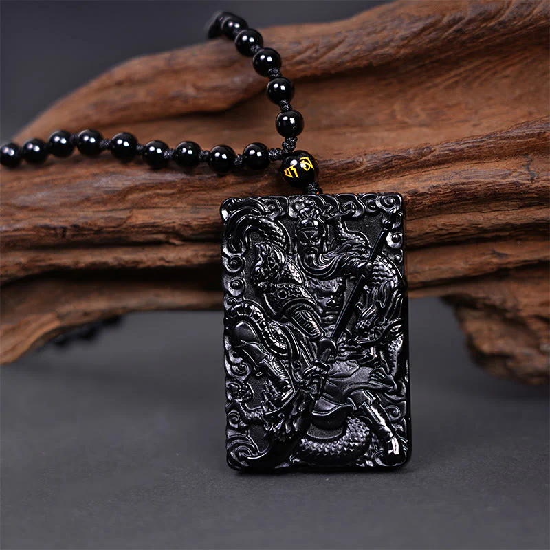 Buddha Stones Amuleto Guan Gong Ossidiana Nera Inciso Forza Collana Pendente