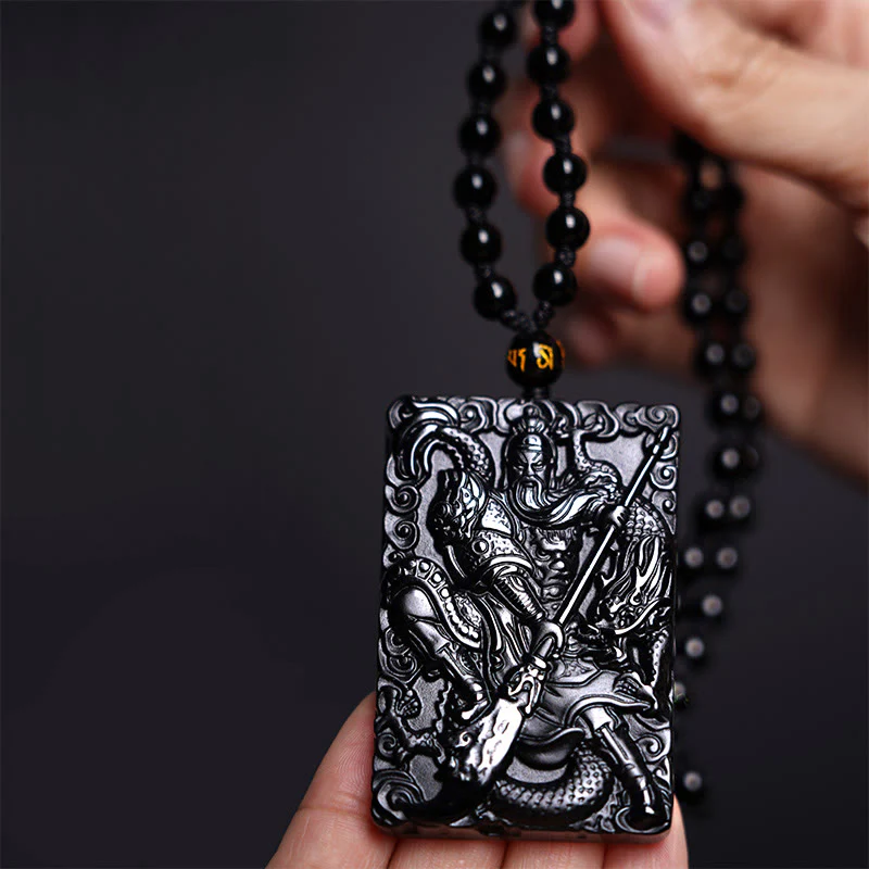 Buddha Stones Amuleto Guan Gong Ossidiana Nera Inciso Forza Collana Pendente - Image 2