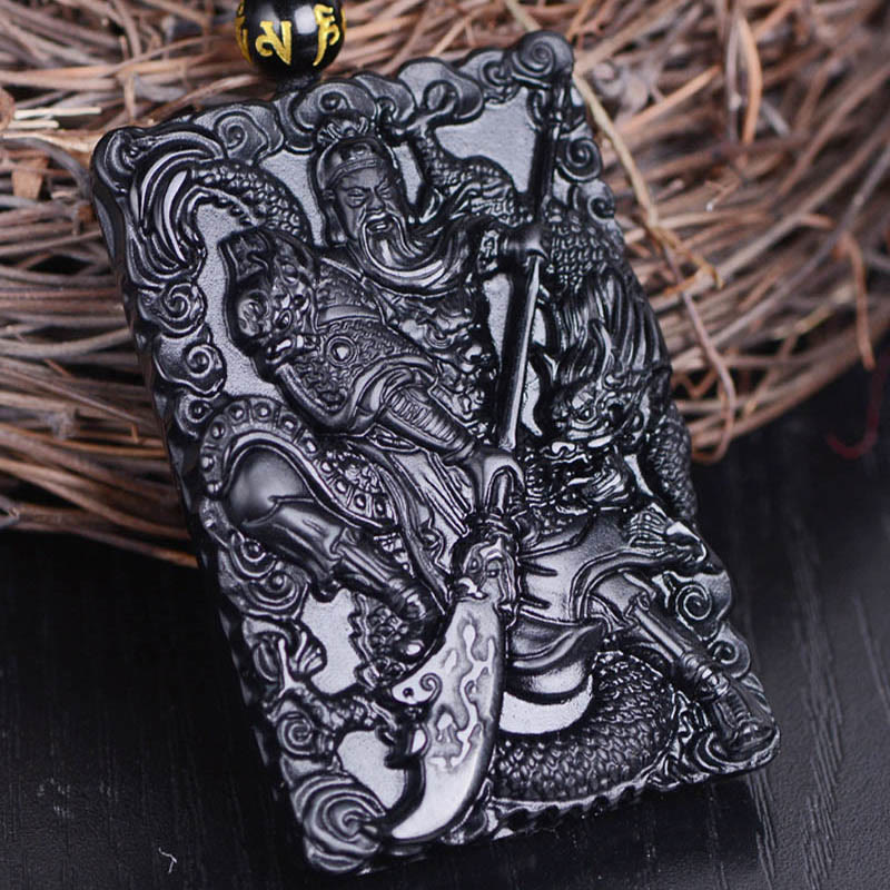 Buddha Stones Amuleto Guan Gong Ossidiana Nera Inciso Forza Collana Pendente - Image 8