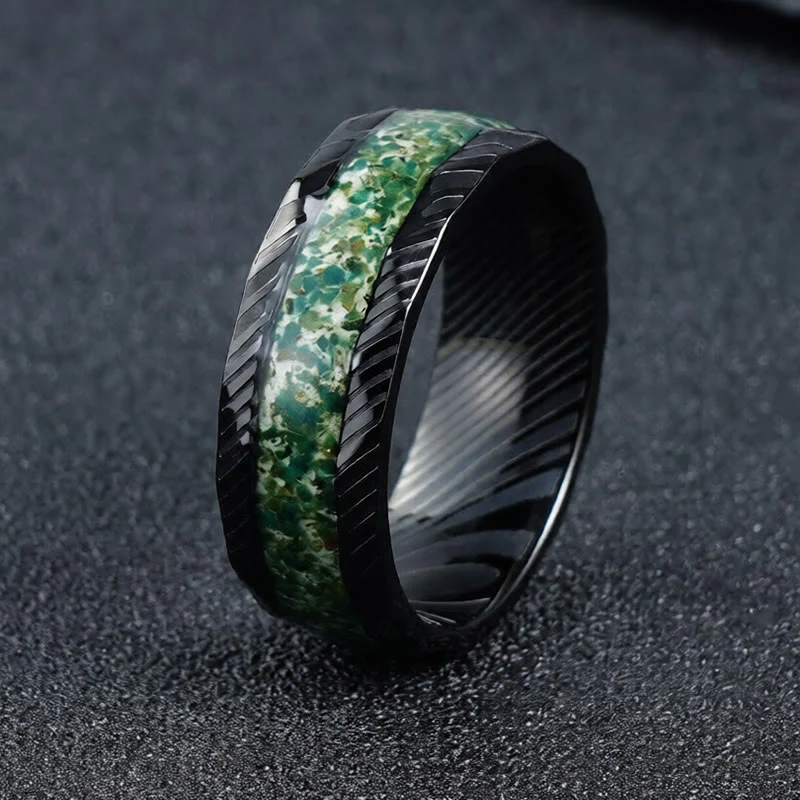 Buddha Stones Anello di resistenza in acciaio al titanio con intarsio naturale sfaccettato
