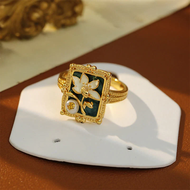 Buddha Stones Anello vintage in rame e perla con dipinto ad olio raffigurante un fiore di loto e una perla, simbolo di ricchezza. - Image 5