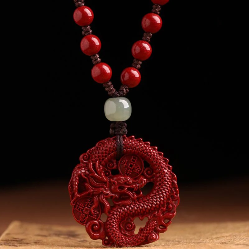 Buddha Stones Anno del Drago Cinabro Naturale Giada Hetian Perlina Moneta di Rame Attrae Ricchezza Forza Collana Pendente