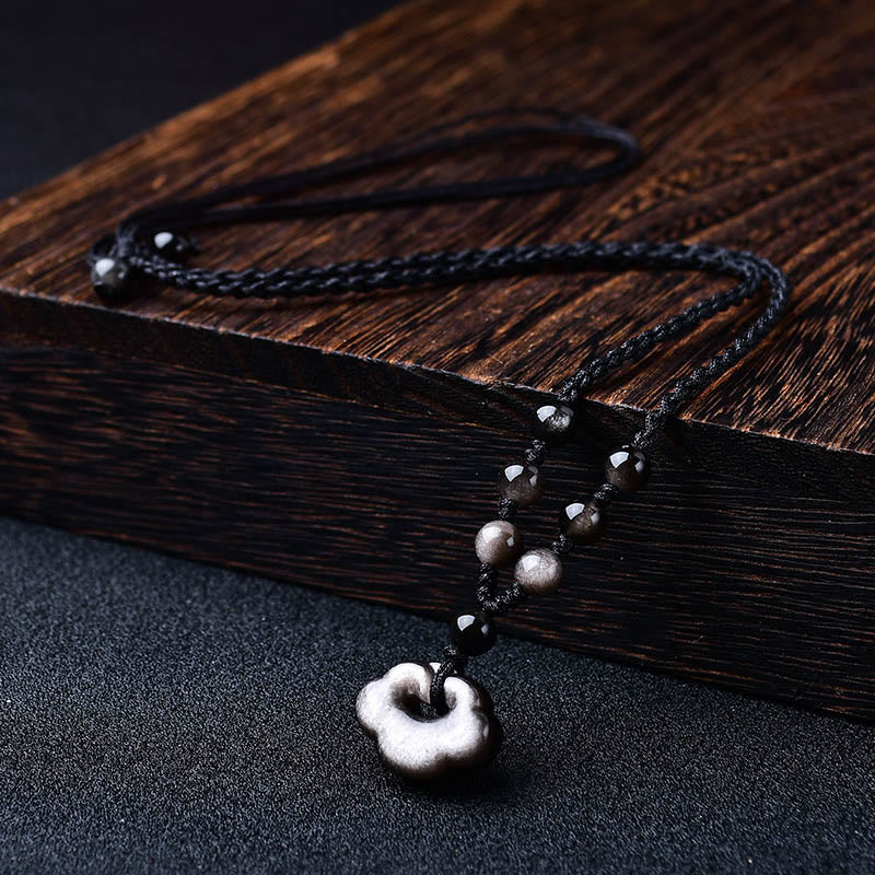 Buddha Stones Argento Naturale Lucentezza Ossidiana Nuvole di Buon Auspicio Protezione Collana Pendente Lenitivo - Image 2