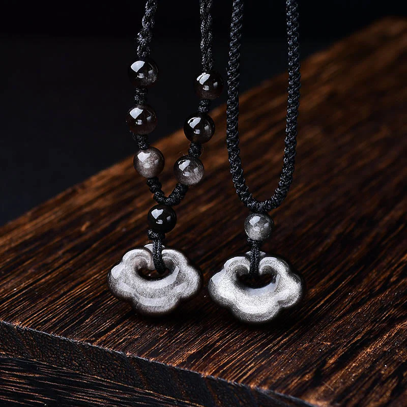 Buddha Stones Argento Naturale Lucentezza Ossidiana Nuvole di Buon Auspicio Protezione Collana Pendente Lenitivo - Image 9