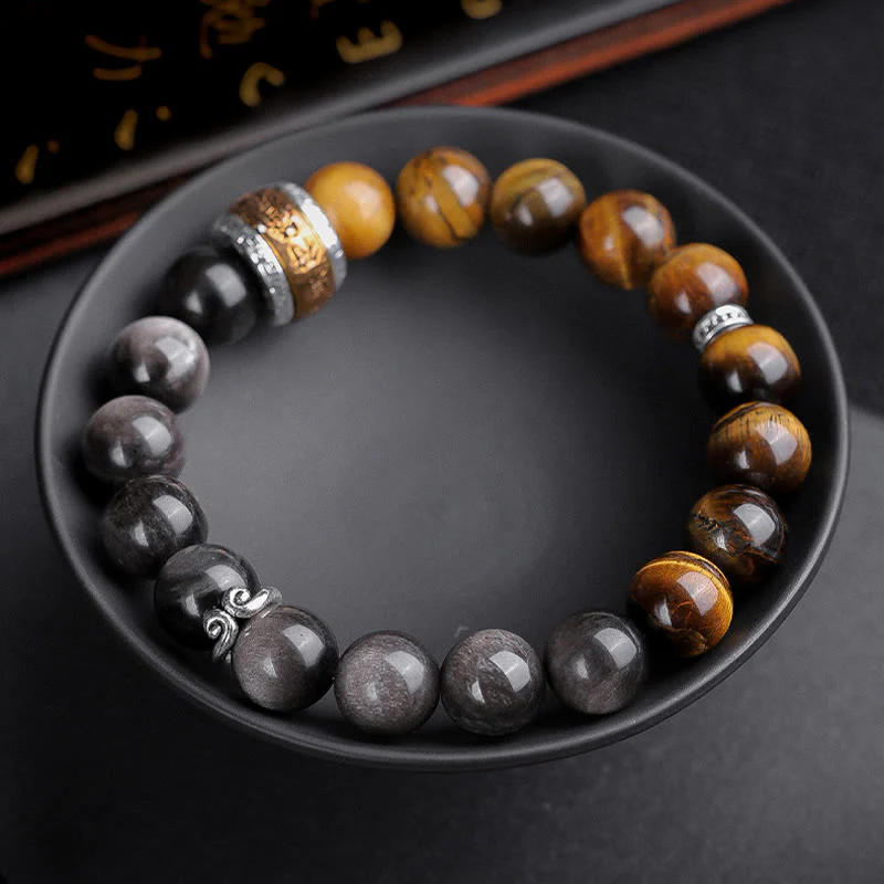 Buddha Stones Argento Naturale Lucentezza Ossidiana Occhio di Tigre Sei Vere Parole 'om Mani Padme Hum' Braccialetto della Forza - Image 10