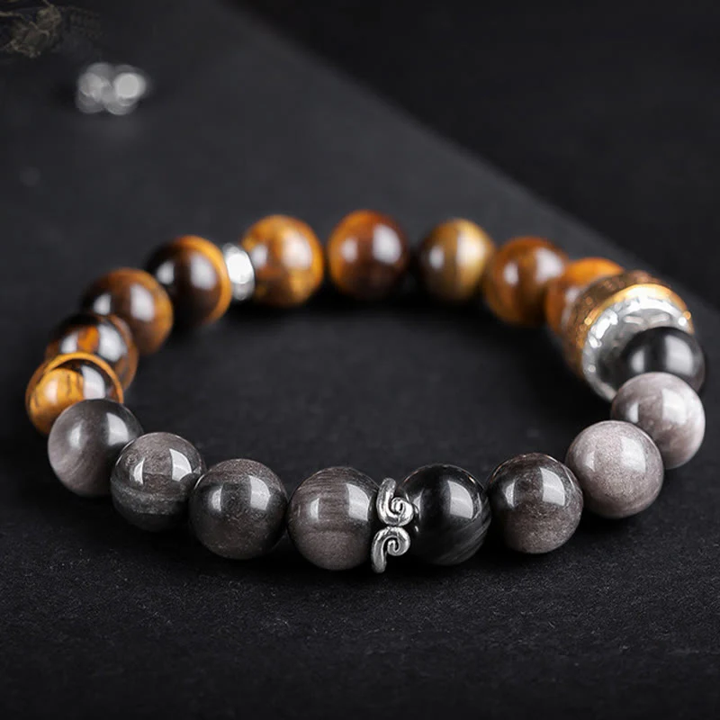 Buddha Stones Argento Naturale Lucentezza Ossidiana Occhio di Tigre Sei Vere Parole 'om Mani Padme Hum' Braccialetto della Forza - Image 11