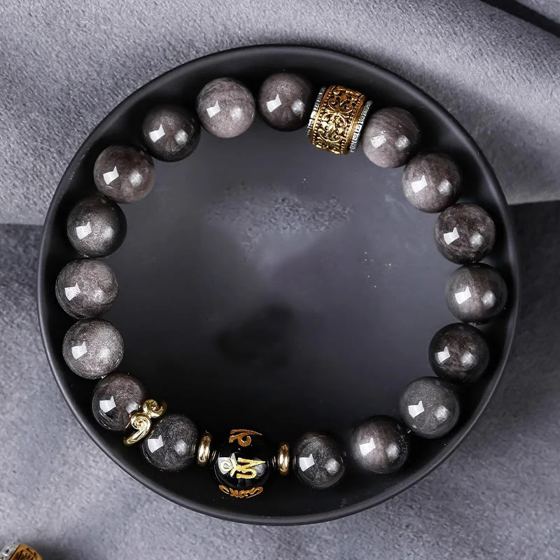 Buddha Stones Argento Naturale Lucentezza Ossidiana Occhio di Tigre Sei Vere Parole 'om Mani Padme Hum' Braccialetto della Forza - Image 14