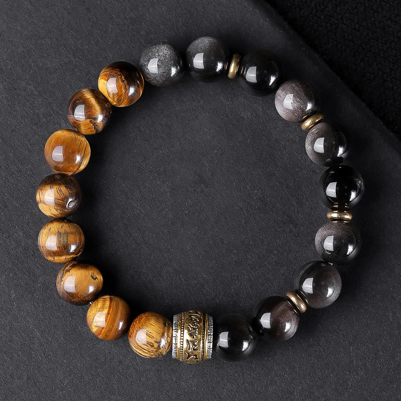 Buddha Stones Argento Naturale Lucentezza Ossidiana Occhio di Tigre Sei Vere Parole 'om Mani Padme Hum' Braccialetto della Forza - Image 16