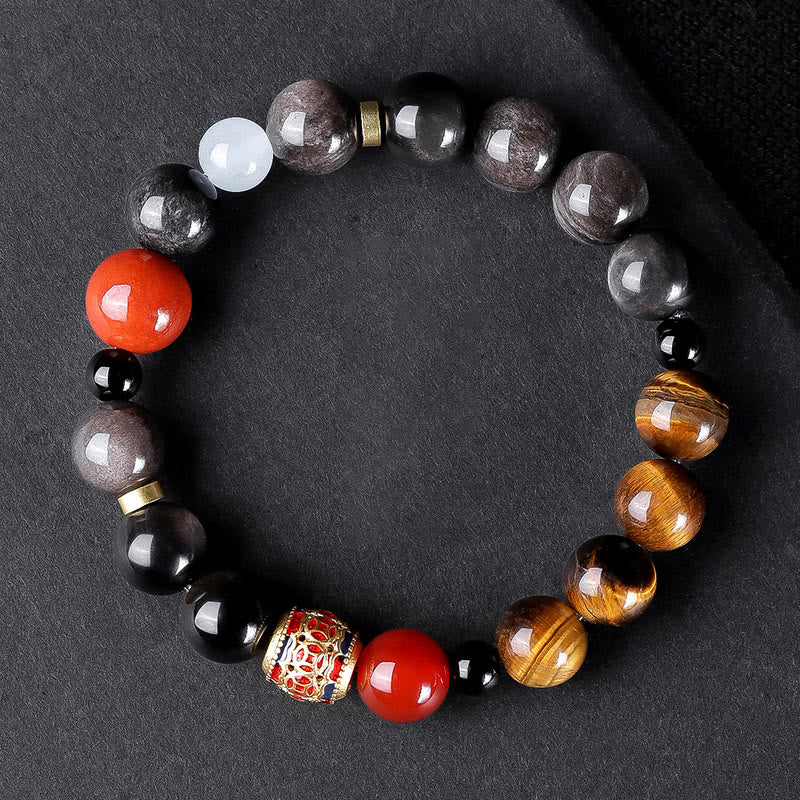Buddha Stones Argento Naturale Lucentezza Ossidiana Occhio di Tigre Sei Vere Parole 'om Mani Padme Hum' Braccialetto della Forza - Image 17