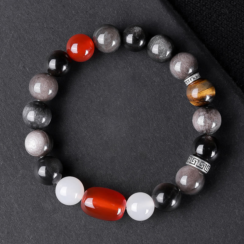 Buddha Stones Argento Naturale Lucentezza Ossidiana Occhio di Tigre Sei Vere Parole 'om Mani Padme Hum' Braccialetto della Forza - Image 18