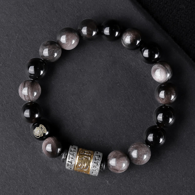 Buddha Stones Argento Naturale Lucentezza Ossidiana Occhio di Tigre Sei Vere Parole 'om Mani Padme Hum' Braccialetto della Forza - Image 19