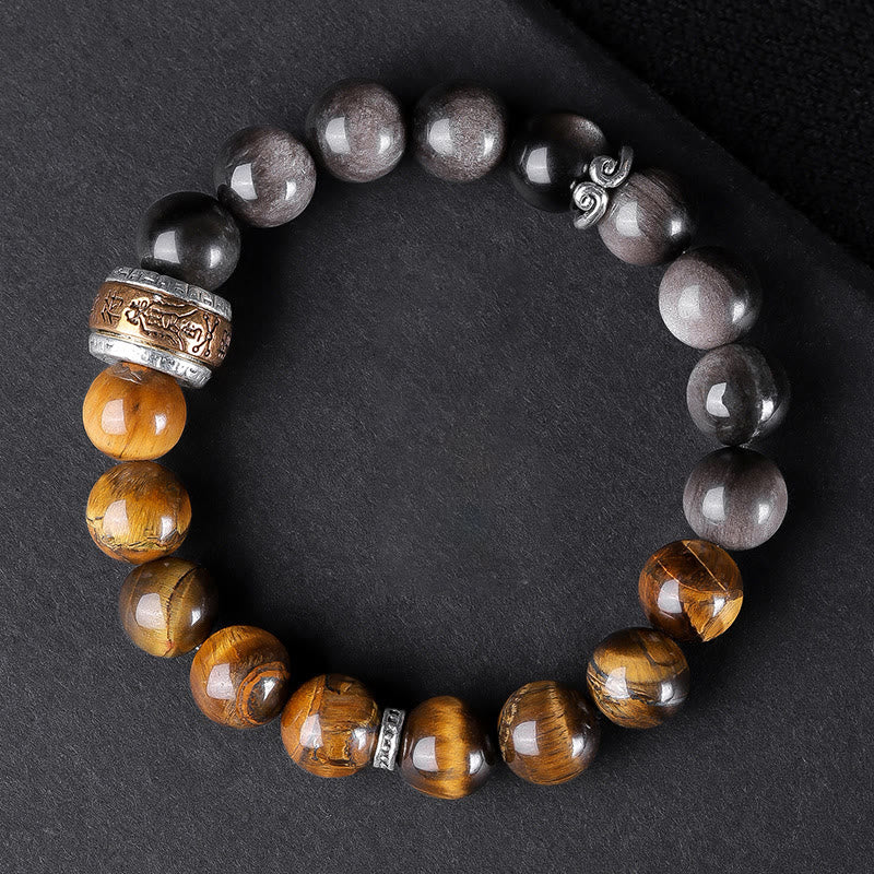 Buddha Stones Argento Naturale Lucentezza Ossidiana Occhio di Tigre Sei Vere Parole 'om Mani Padme Hum' Braccialetto della Forza - Image 2