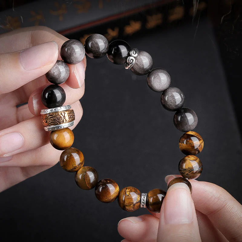 Buddha Stones Argento Naturale Lucentezza Ossidiana Occhio di Tigre Sei Vere Parole 'om Mani Padme Hum' Braccialetto della Forza - Image 3