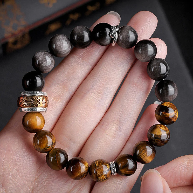 Buddha Stones Argento Naturale Lucentezza Ossidiana Occhio di Tigre Sei Vere Parole 'om Mani Padme Hum' Braccialetto della Forza - Image 9