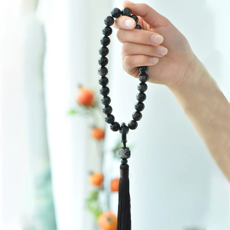 Buddha Stones Argento naturale Ossidiana lucente Leone Mala da polso Protezione Nappe Mala tascabile Decorazione per auto - Image 4