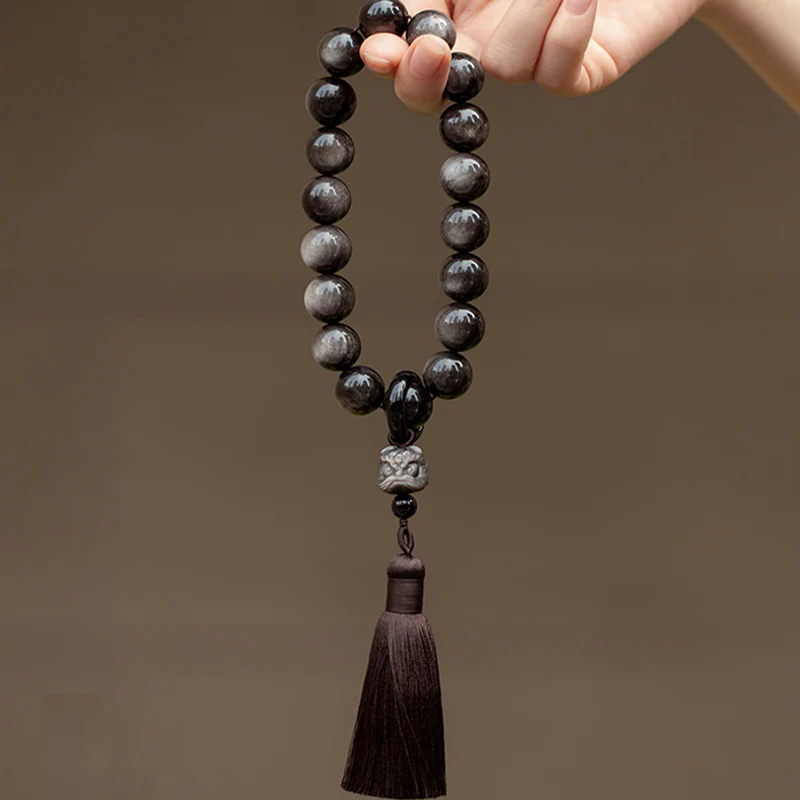 Buddha Stones Argento naturale Ossidiana lucida Ossidiana nera Leone Mala da polso Protezione Nappe Mala tascabile Decorazione per auto - Image 10