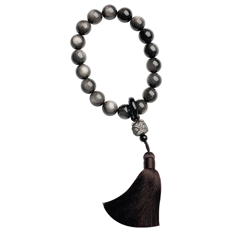 Buddha Stones Argento naturale Ossidiana lucida Ossidiana nera Leone Mala da polso Protezione Nappe Mala tascabile Decorazione per auto - Image 12