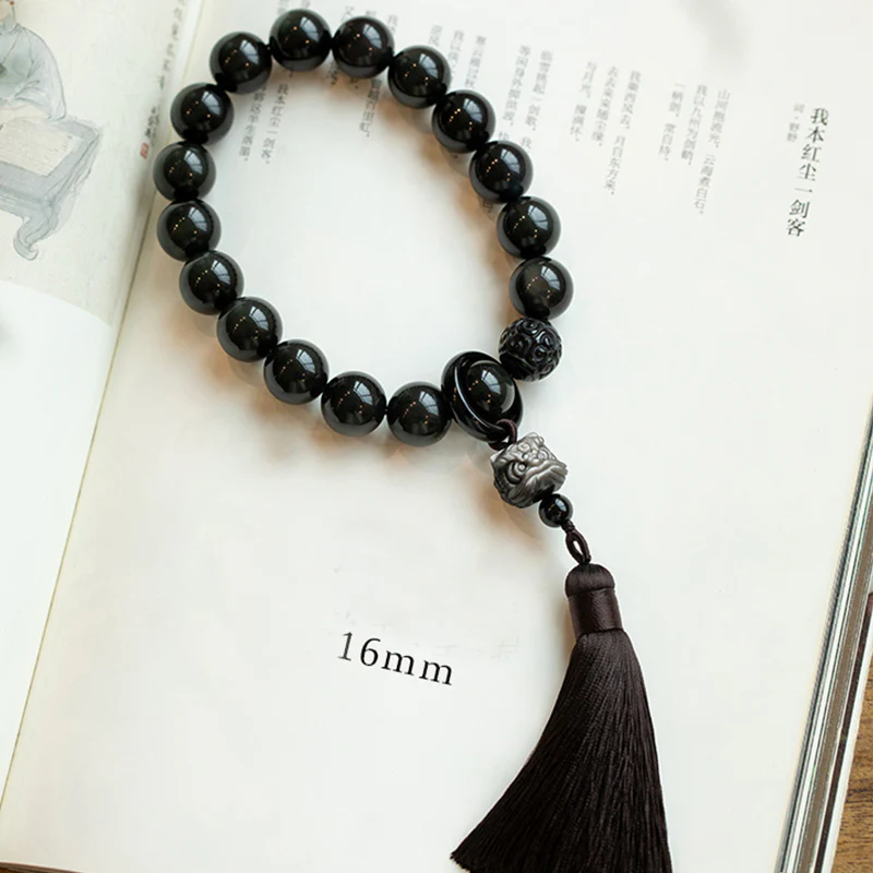 Buddha Stones Argento naturale Ossidiana lucida Ossidiana nera Leone Mala da polso Protezione Nappe Mala tascabile Decorazione per auto - Image 14