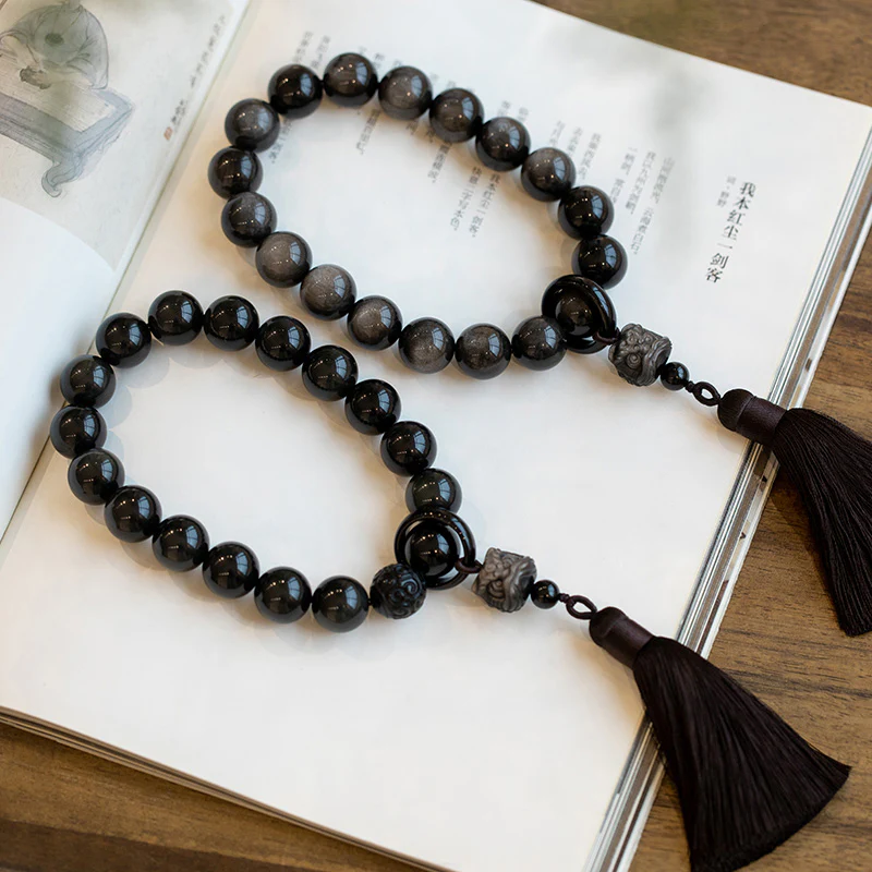 Buddha Stones Argento naturale Ossidiana lucida Ossidiana nera Leone Mala da polso Protezione Nappe Mala tascabile Decorazione per auto - Image 15