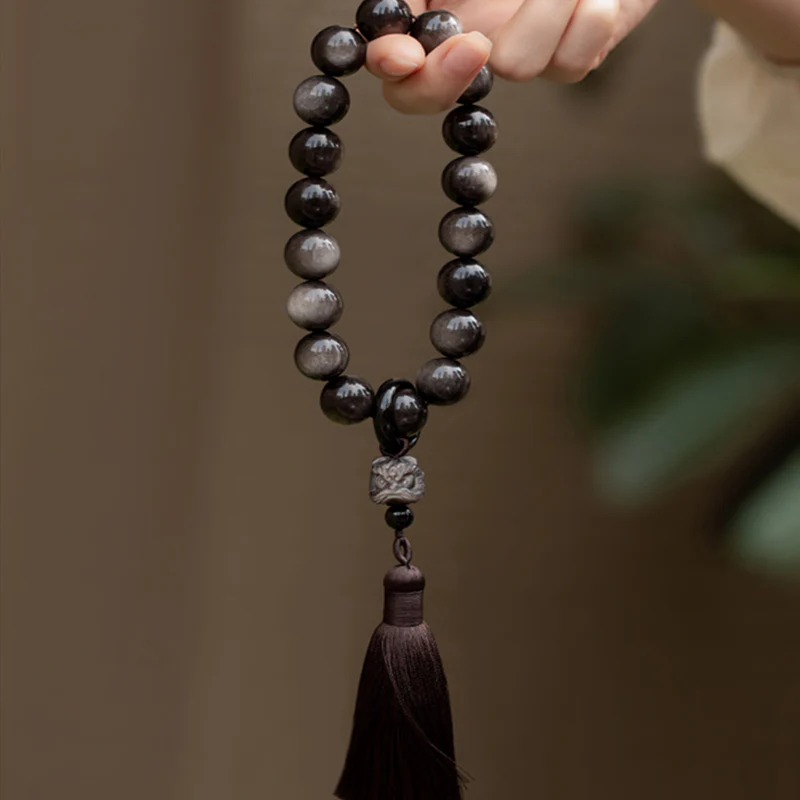 Buddha Stones Argento naturale Ossidiana lucida Ossidiana nera Leone Mala da polso Protezione Nappe Mala tascabile Decorazione per auto - Image 8