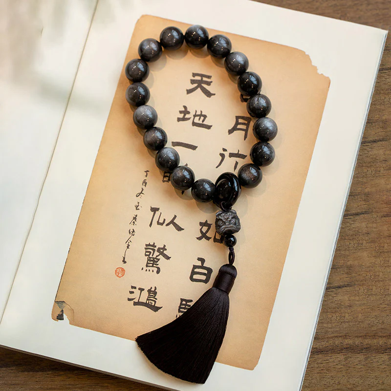 Buddha Stones Argento naturale Ossidiana lucida Ossidiana nera Leone Mala da polso Protezione Nappe Mala tascabile Decorazione per auto - Image 9
