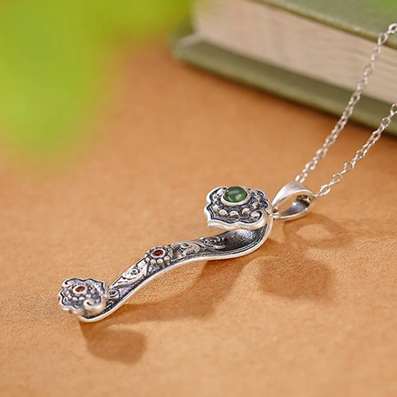 Buddha Stones Argento Sterling 925 Agata Rossa Giada Ciano Nuvole di Buon Auspicio Manico Ruyi Collana Pendente Benedizione - Image 10