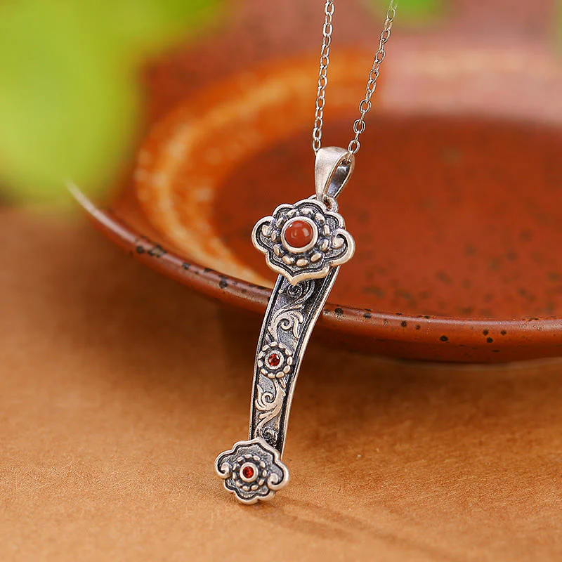 Buddha Stones Argento Sterling 925 Agata Rossa Giada Ciano Nuvole di Buon Auspicio Manico Ruyi Collana Pendente Benedizione - Image 2