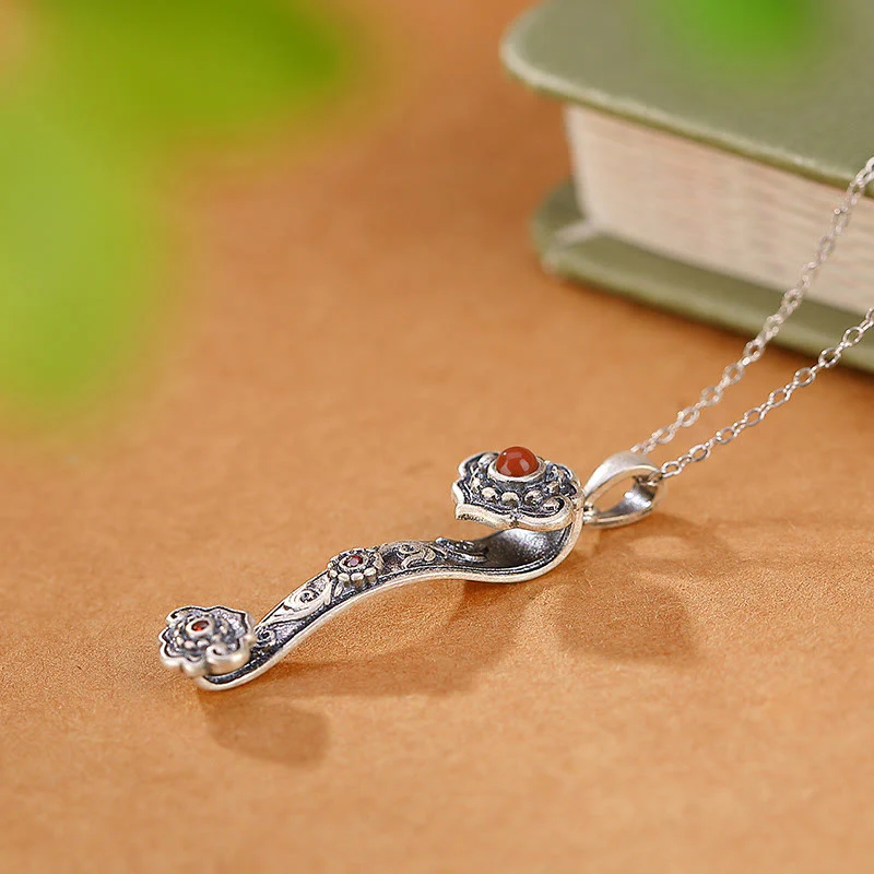 Buddha Stones Argento Sterling 925 Agata Rossa Giada Ciano Nuvole di Buon Auspicio Manico Ruyi Collana Pendente Benedizione - Image 3