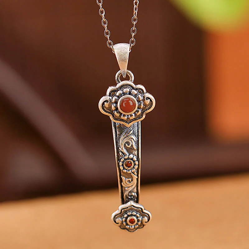 Buddha Stones Argento Sterling 925 Agata Rossa Giada Ciano Nuvole di Buon Auspicio Manico Ruyi Collana Pendente Benedizione - Image 4