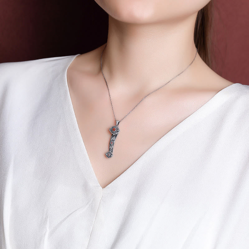 Buddha Stones Argento Sterling 925 Agata Rossa Giada Ciano Nuvole di Buon Auspicio Manico Ruyi Collana Pendente Benedizione - Image 5