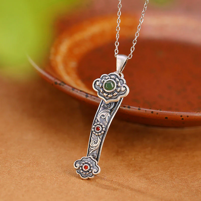 Buddha Stones Argento Sterling 925 Agata Rossa Giada Ciano Nuvole di Buon Auspicio Manico Ruyi Collana Pendente Benedizione - Image 8