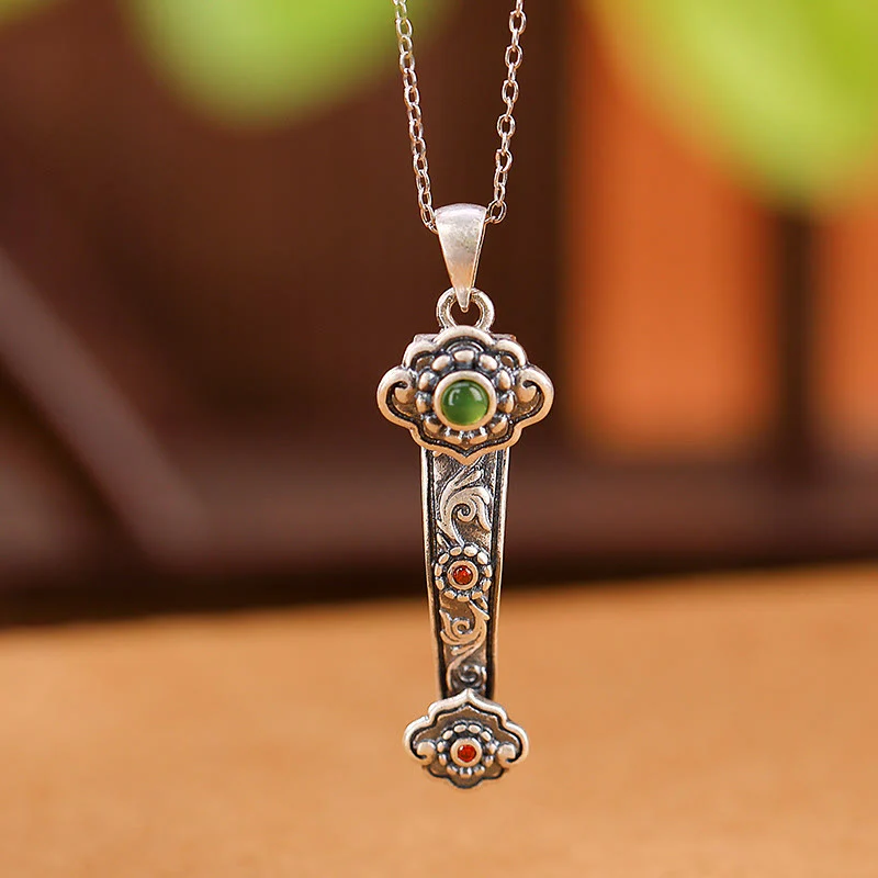 Buddha Stones Argento Sterling 925 Agata Rossa Giada Ciano Nuvole di Buon Auspicio Manico Ruyi Collana Pendente Benedizione - Image 9
