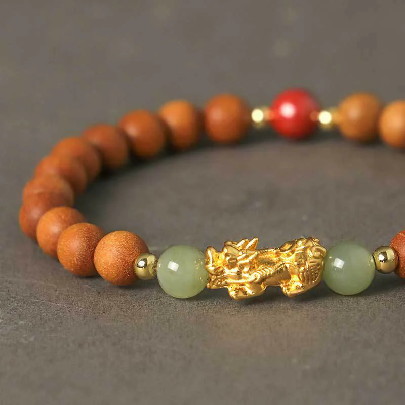 Buddha Stones Argento Sterling 999 Sandalo Legno di Ebano Foglia Piccola Sandalo Rosso Giada Hetian Cinabro Bracciale PiXiu Wealth - Image 3