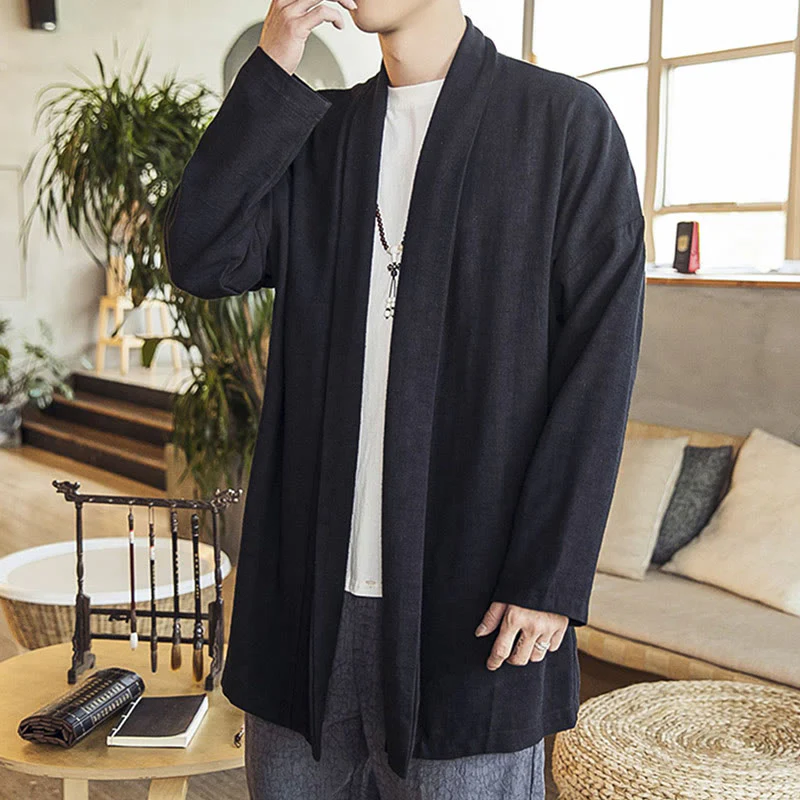 Buddha Stones Autunno Semplice Casual Cotone Lino Uomo Cappotto di media lunghezza Abbigliamento - Image 14