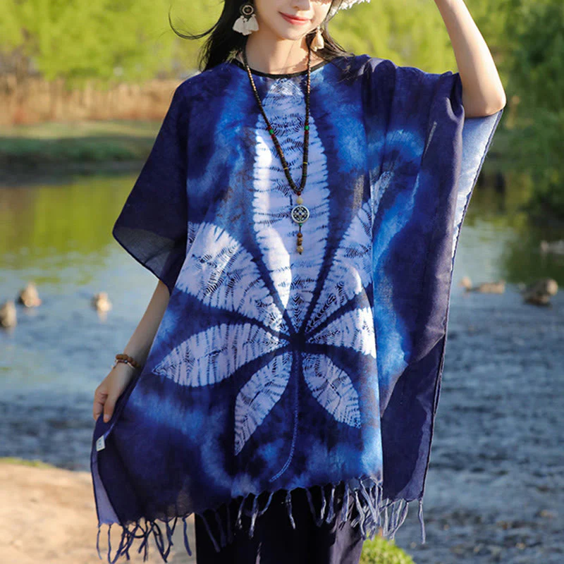 Buddha Stones Blu Batik Scialle Nappe Foglia d'acero Comodo Pullover da viaggio 95*90cm - Image 2