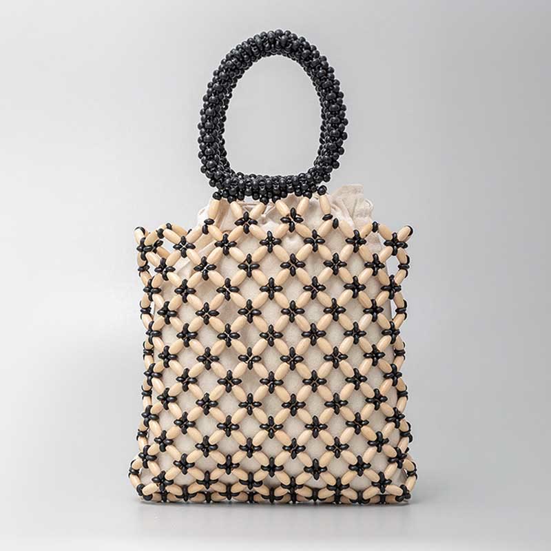 Buddha Stones Borsa a mano con perline di legno a losanga intrecciate a mano