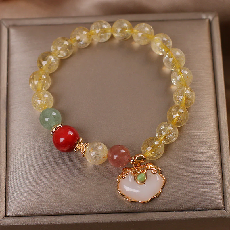 Buddha Stones Bracciale con ciondolo di protezione in giada bianca citrino naturale e quarzo fragola - Image 2