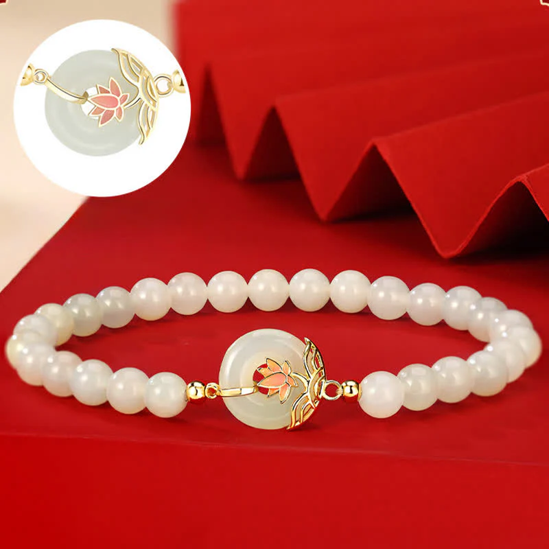 Buddha Stones Bracciale con fibbia a perline e simbolo di loto Hetian in argento sterling 925 con giada bianca e armonia. - Image 3
