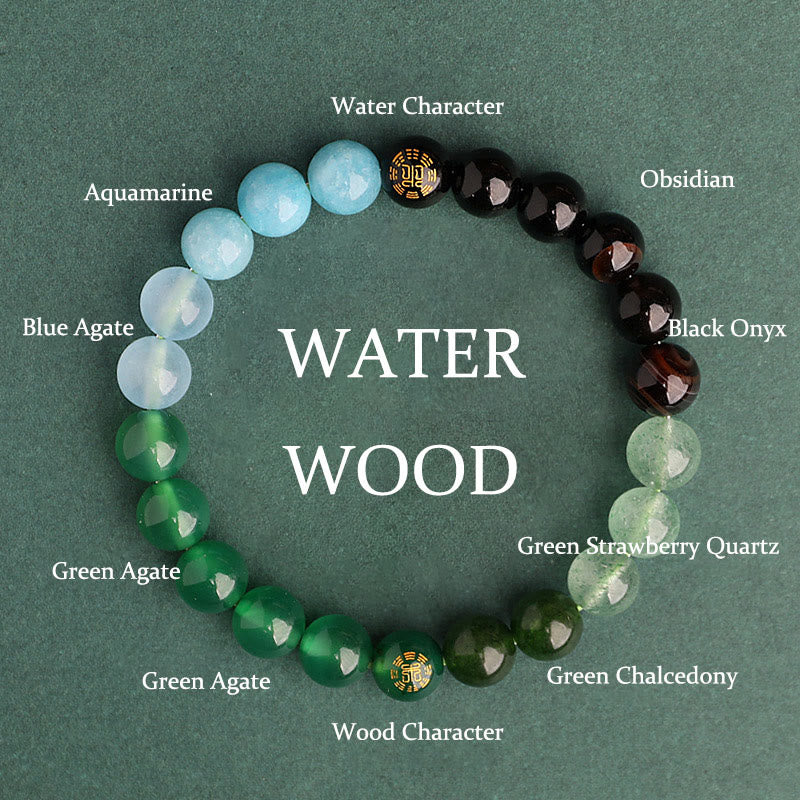 Buddha Stones Bracciale della saggezza con cinque elementi, vari cristalli di agata, onice nero, calcedonio verde, acquamarina - Image 14