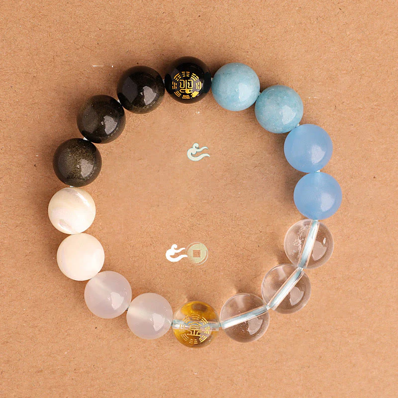 Buddha Stones Bracciale della saggezza con cinque elementi, vari cristalli di agata, onice nero, calcedonio verde, acquamarina - Image 25