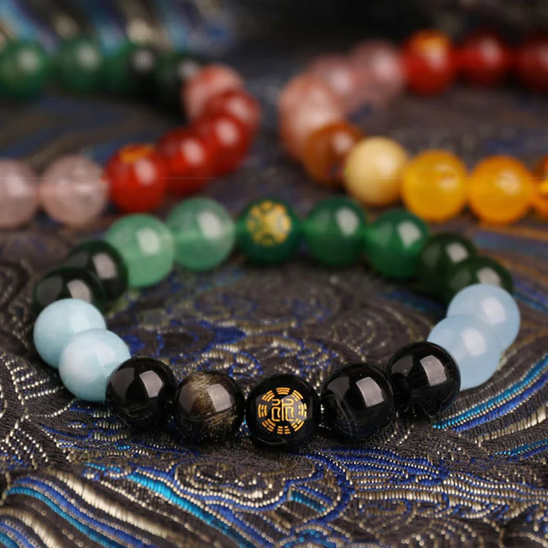 Buddha Stones Bracciale della saggezza con cinque elementi, vari cristalli di agata, onice nero, calcedonio verde, acquamarina - Image 26