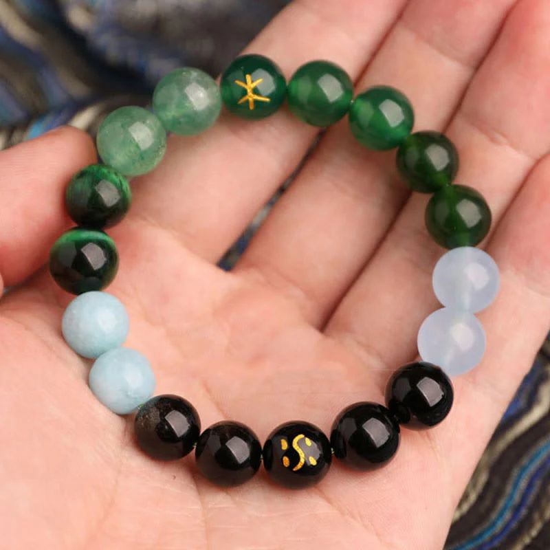 Buddha Stones Bracciale della saggezza con cinque elementi, vari cristalli di agata, onice nero, calcedonio verde, acquamarina - Image 3